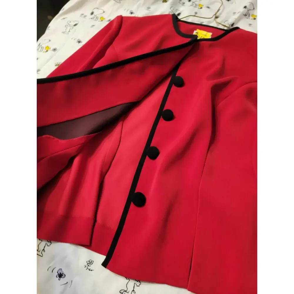 Vintage Leslie Fay Women Red Blazer/ Suit Jacket Fanccy Buttons Black Trim 12 P